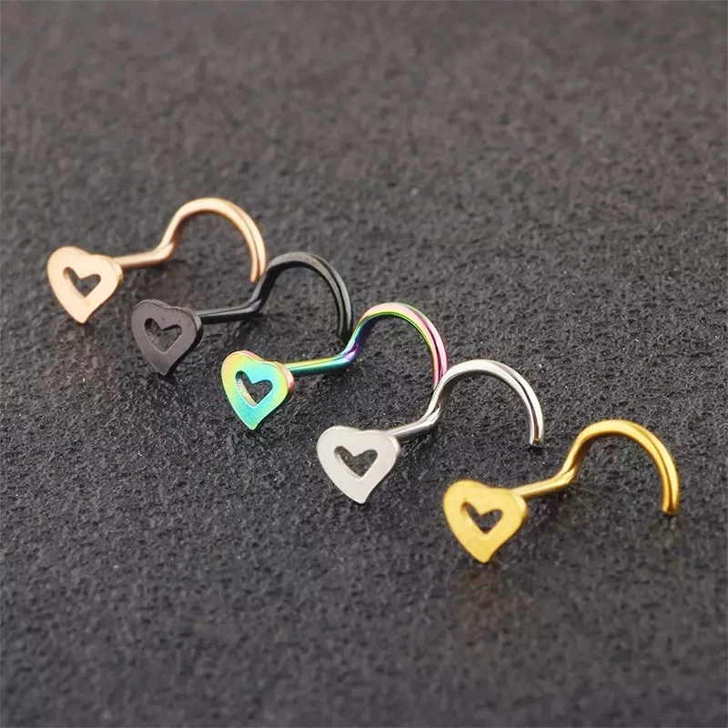 1PC Hollow Stainless Steel Heart Nose Studs Nose Hooks Bone Studs S Curved Nostril Body Piercing Multicolor Nose Rings Jewelry