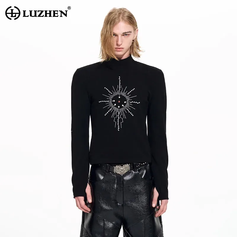 LUZHEN Long 2026 New Original Sun Pattern High Quality Sleeve Stand Neck T-shirts Men Winter Fashion Handsome Casual Tops JY8598