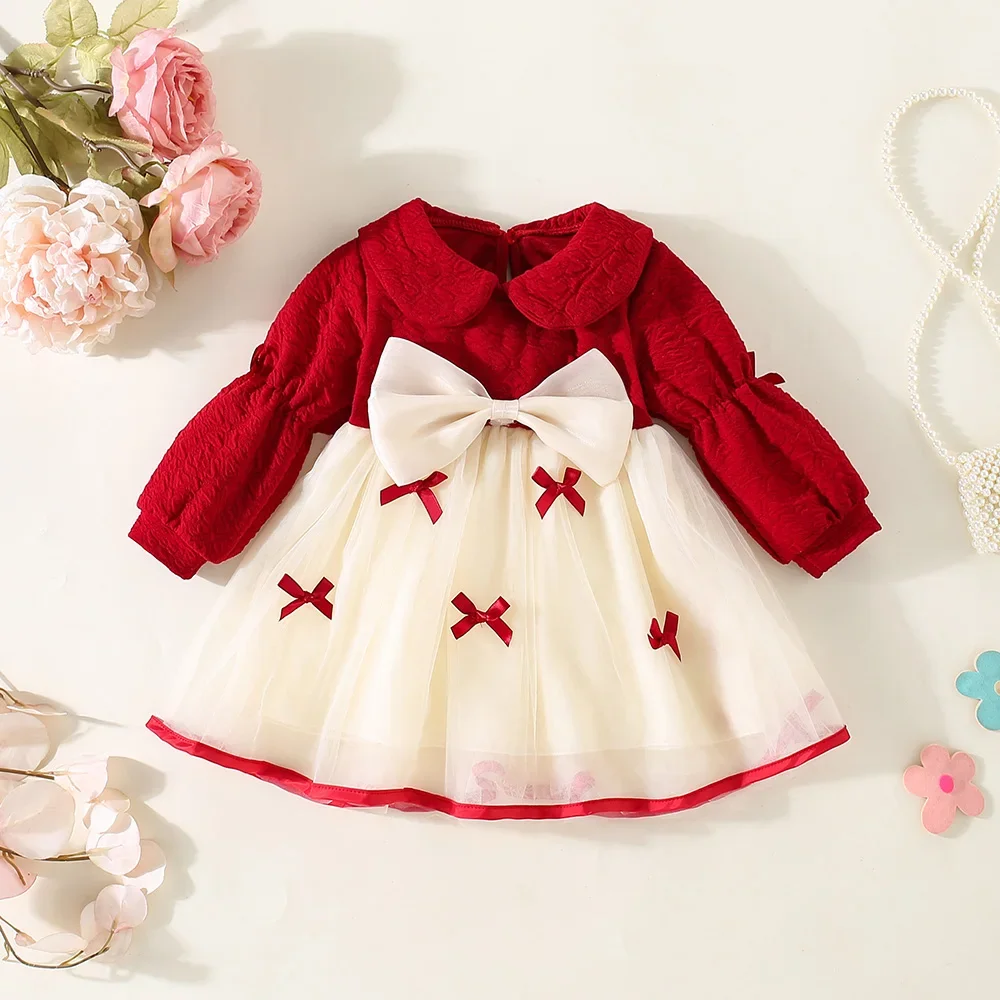 (0-3 Years Old) Autumn/Winter New Girls\' Dress Lantern Sleeve Bow Four Big Ah Doll Collar Gauze Pleated Sweet Princess Dress