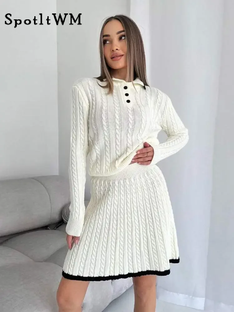 

Women Fashion Buttons Contrast Ribbed Knitted Skirt Sets Elegant Lapel Long Sleeve Tops Suit 2024 Chic Female High Street Outfit