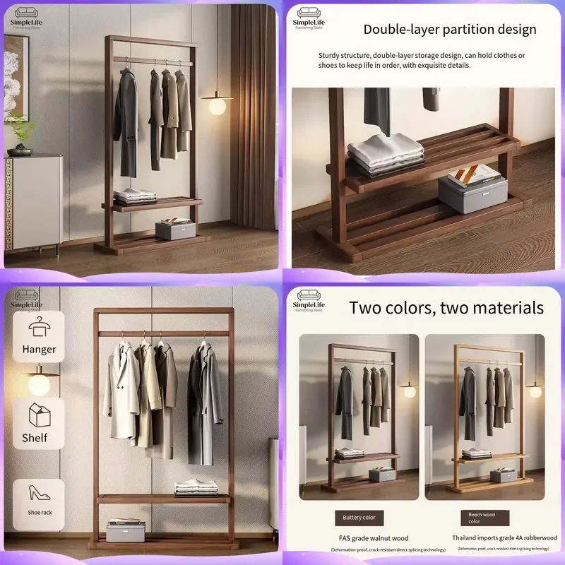 Solid Wood Coat Rack Floor Standing Clothes Hanger Tree with Hooks for Bedroom Entryway Hallway Modern Minimalist Furniture