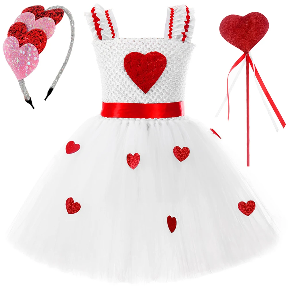 Valentine’s Day Princess Dresses for Girls Sweet Hearts Ballet Tutus Costumes for Kids Birthday Party Outfit with Hair Bow Wand