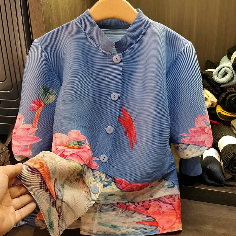 

Miyake Pleated Shirt 2025 New Fashion Printing Loose Versatile Seven-minute Sleeve Jacket Stand-up Collar Large Size Cardigan