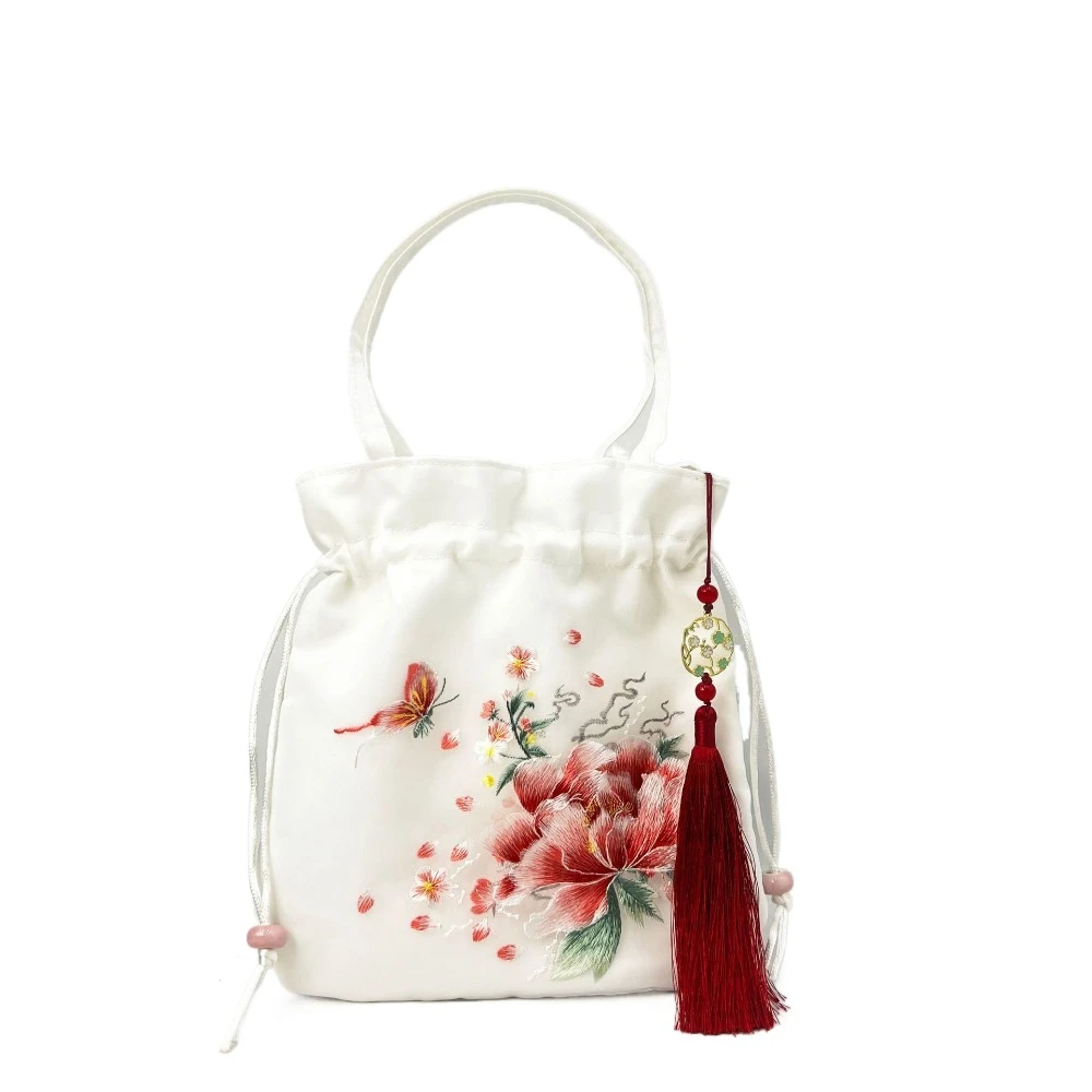 

Elegant Chinese Style Drawstring Bucket Bag Organza Sweet Hanfu Embroidery Handbag Lanyard Tassel Pendant Small Purse Bag