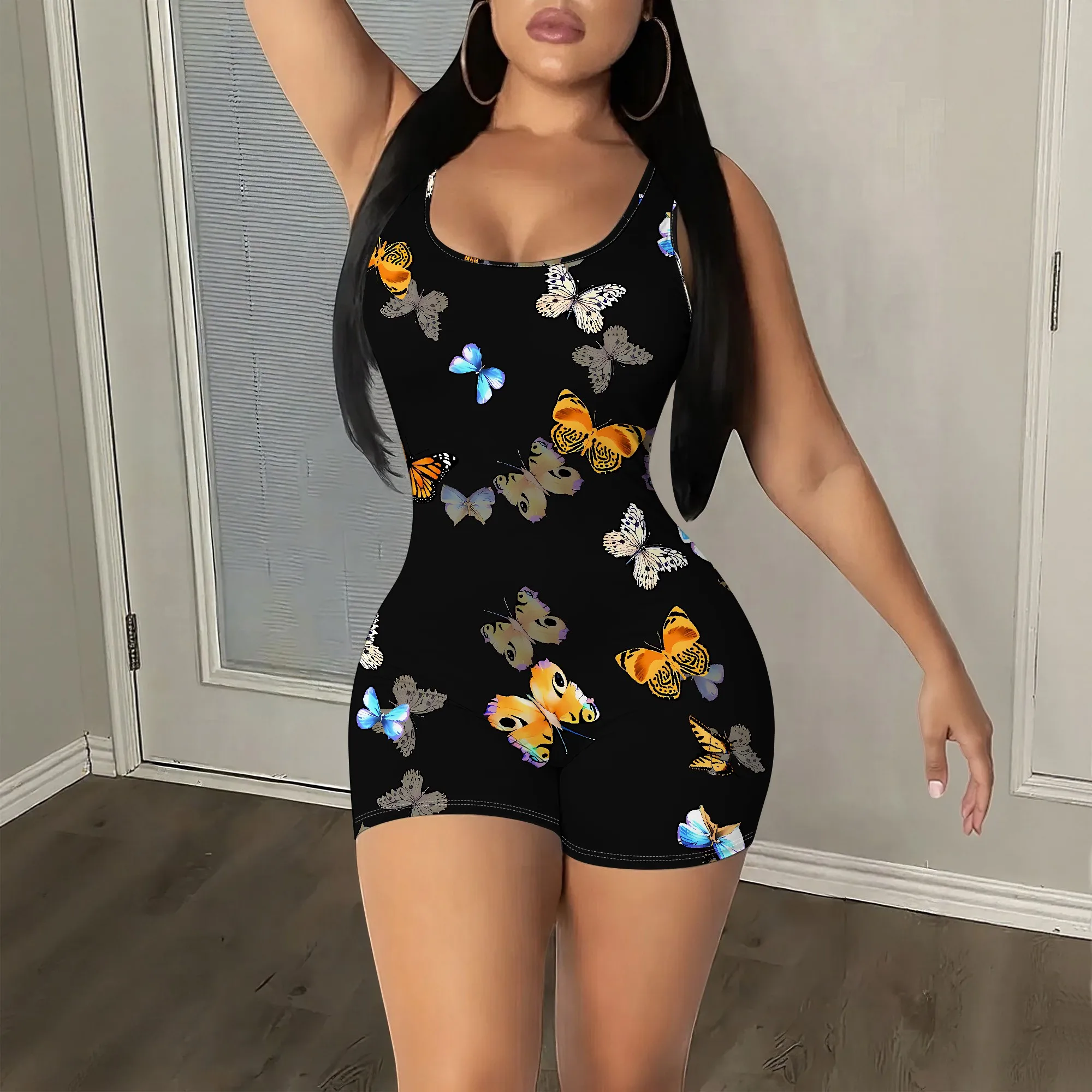 

Butterfly Print, Sleeveless Romper, Scoop Neck Tank Top Jumpsuit, Bodycon Shorts Clubwear Outfit, Summer Beach Party S-2XL