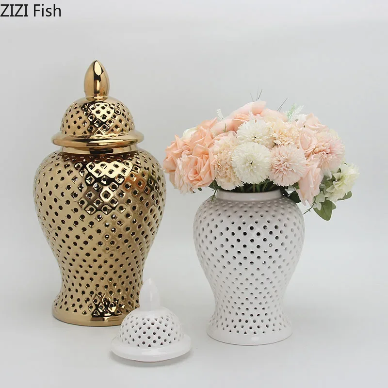 

Minimalist Hollow Crafts General Jar with Lids White Ceramic Storage Tank Cosmetic Containers Artificial Flower Decorative Vases