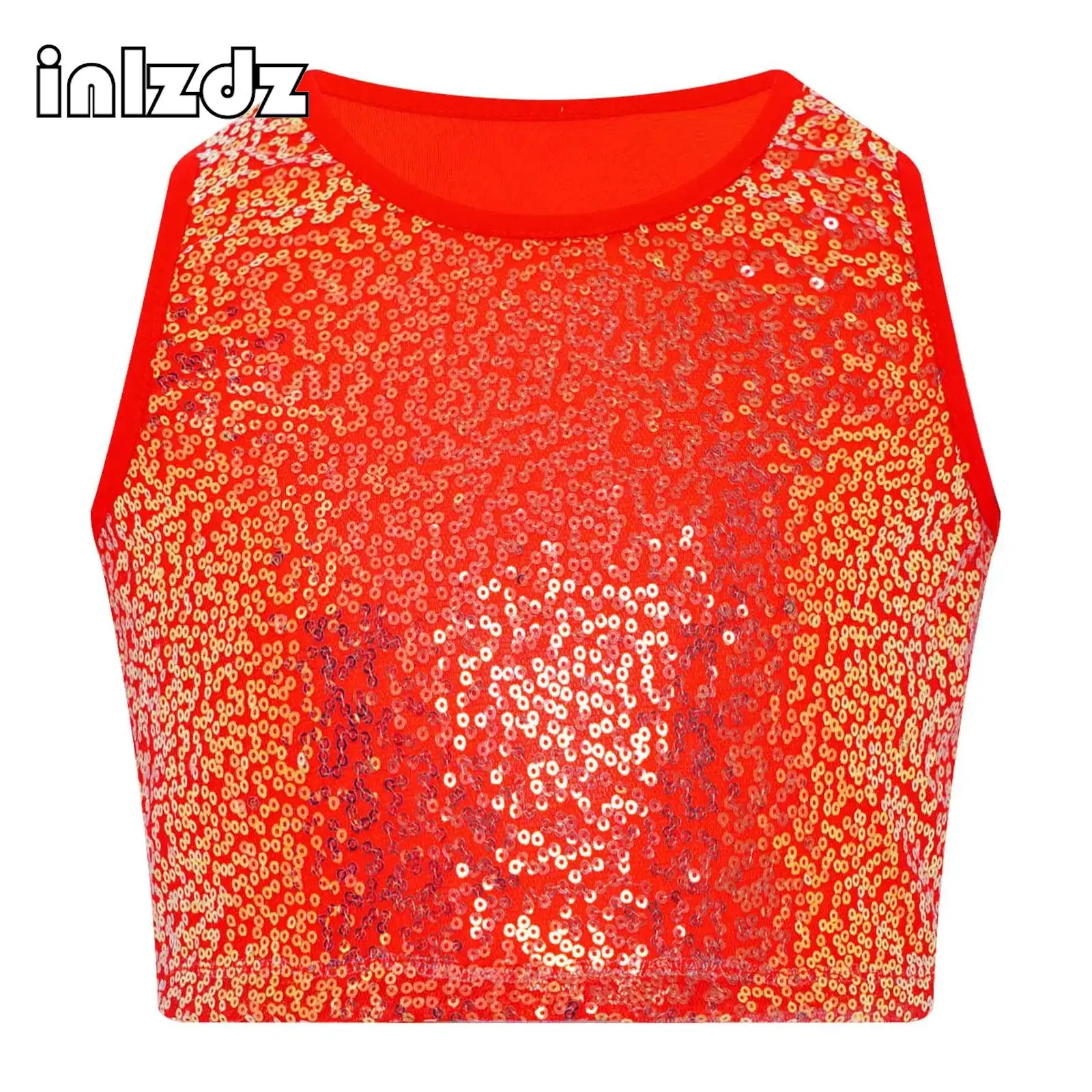 

Kids Girls Sparkling Sequin Crop Top Round Neck Sleeveless Vest for Jazz Hip-Hop Street Dance Cheerleading Stage Performance