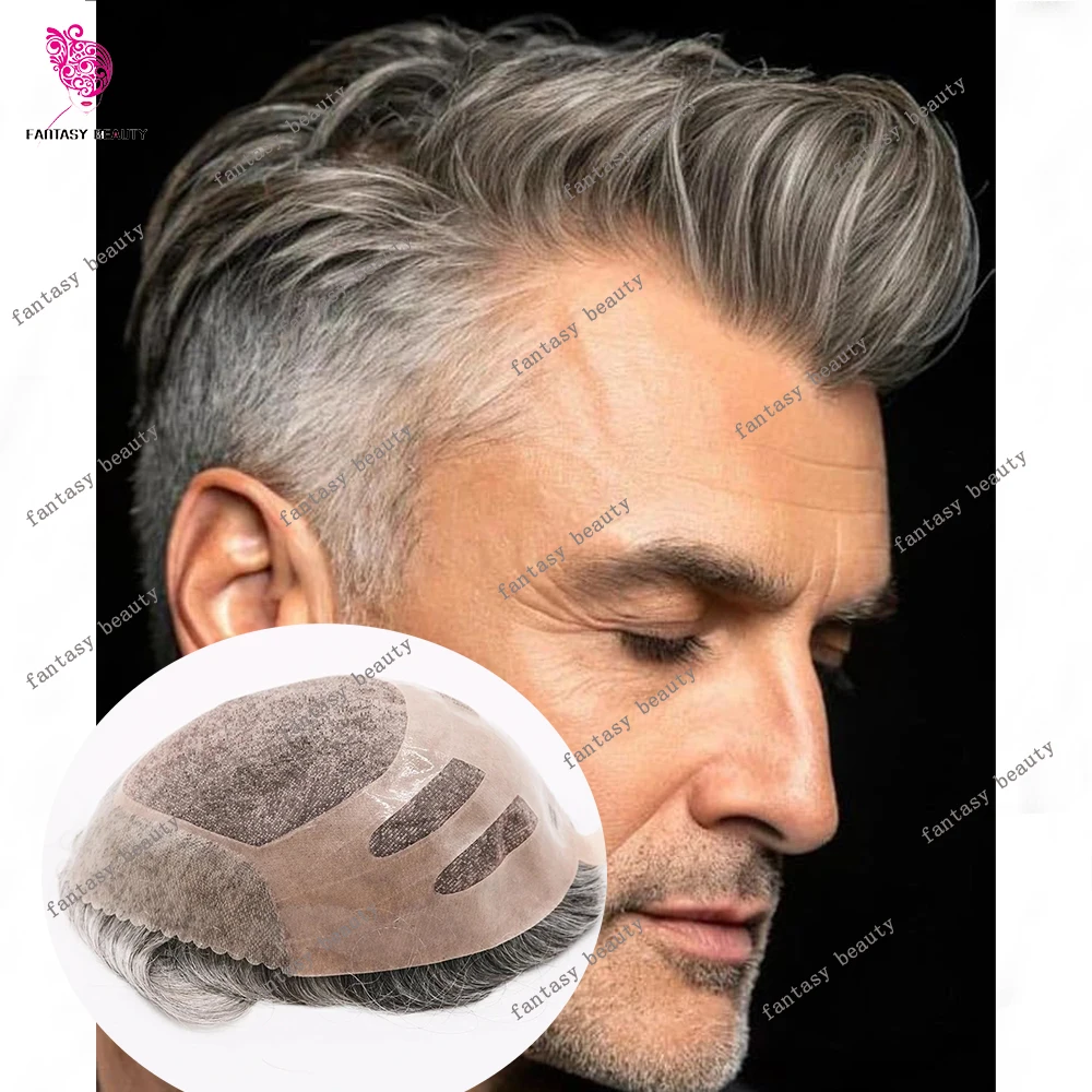 

Realistic Men's Toupee Durable NPU Bond Gray Brown Male 1b40 #540 Human Hair Natural Hairline Fine Mono Lace Prosthesi Capillary