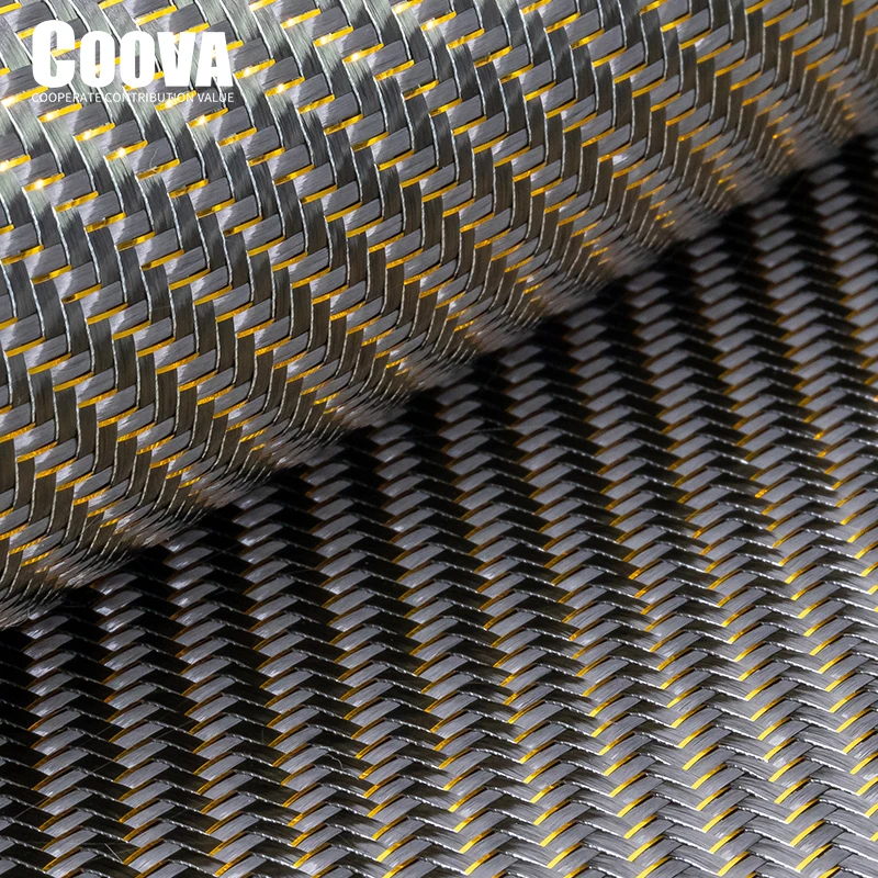 F251 COOVA  Golden Silver Tinsel & Carbon Fiber Cloth Mixed  Twill Tela Fibra De Carbono Carbon Fabric Jacquard Width 200mm/300m