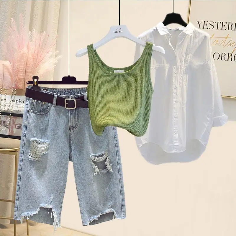 Spring and Summer Suit Women's 2023 New Western-style Shirt Tank Top Slim and Versatile Denim Shorts Three-piece Set