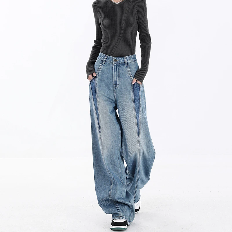 Damen lose Jeans y2k Boyfriend Jeans gespleißt Kontrast farbe gerade Hosen Retro gewaschene Jeans 2024 Straße