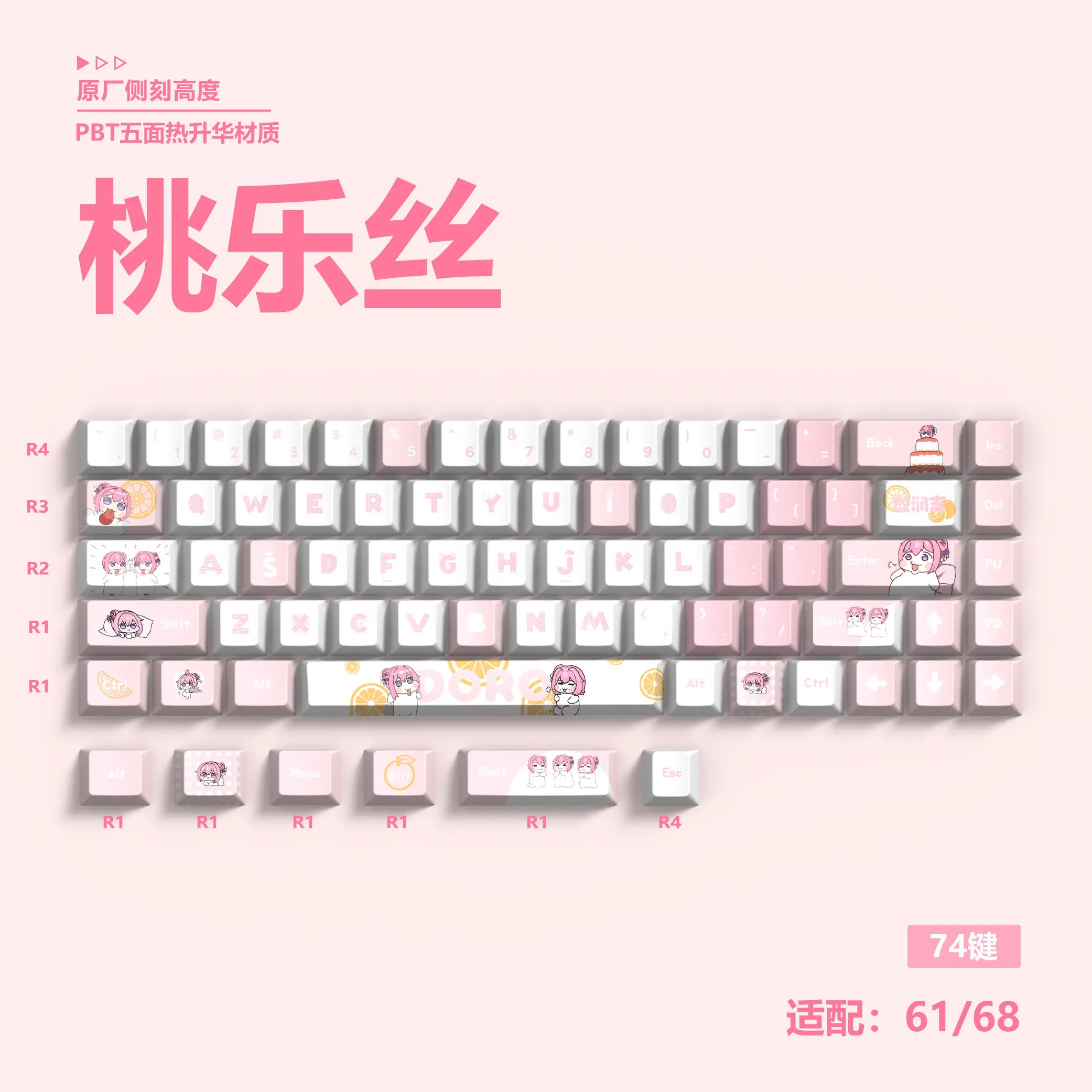 74 Keys Dorothy Custom KeyCap Anime PBT Cherry Side-print Transparent Personality Keycaps for Wooting 60 68 Mechanical Keyboard