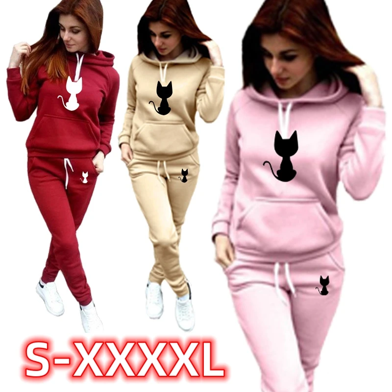 

New Cute Cat Love Women Sportsuits Two Piece Suits Hooded Sweatshirts Long Pants Fashion Sets