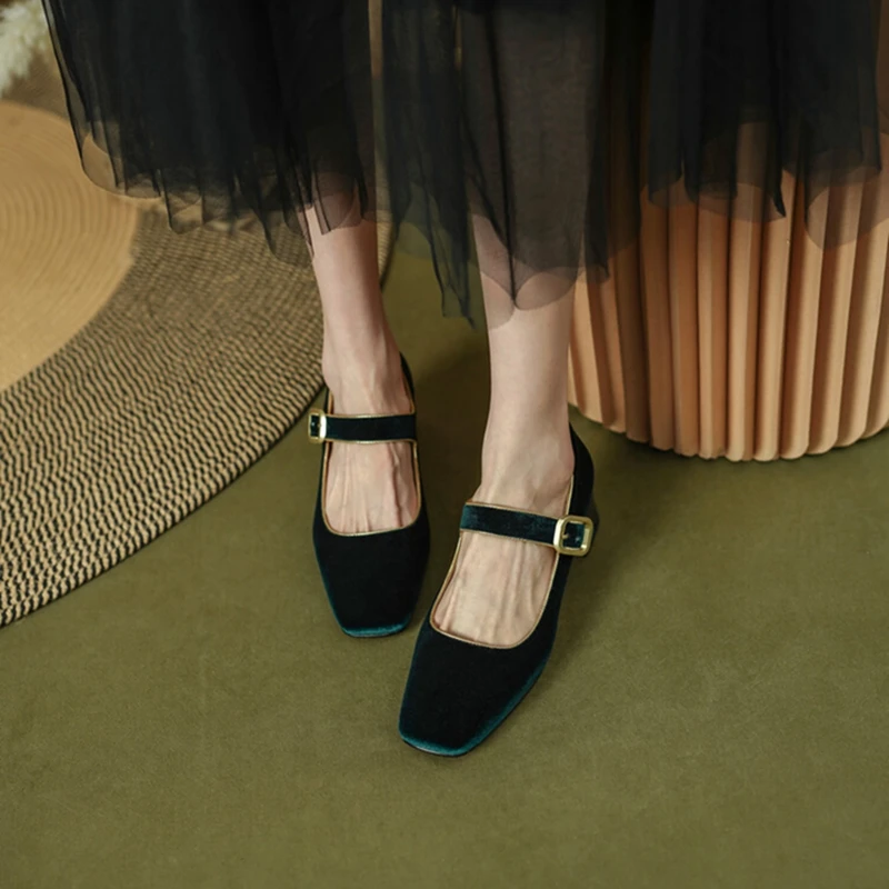 NEW Autumn/Spring Women Pumps Velvet Shoes for Women Square Toe Chunky Heel Women Shoes Simple Belt Buckle Dark Green Mary Janes