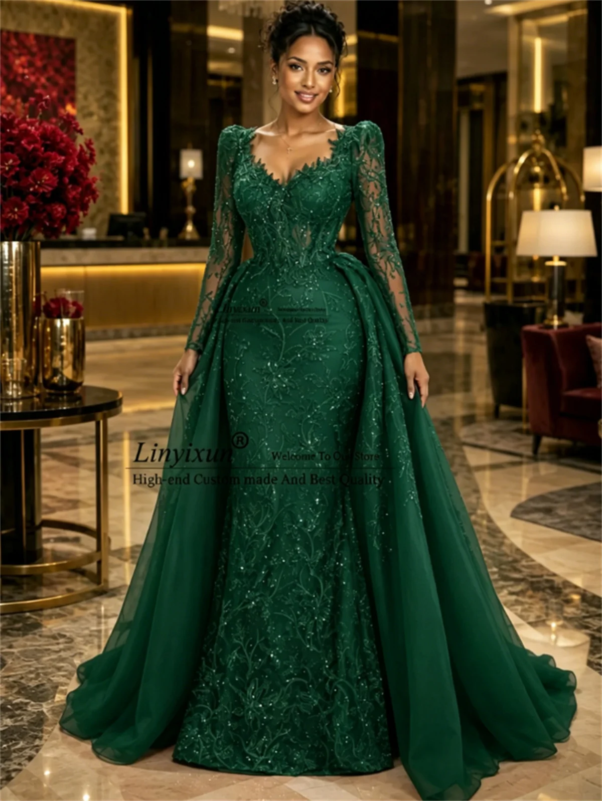 Aso Ebi Luxuriöse Abendkleider mit Perlen und Kristallen Meerjungfrau-Abendkleid Afrikanisches Hochzeits-Empfangskleid mit Abnehmbarer Schleppe Maßanfertigung