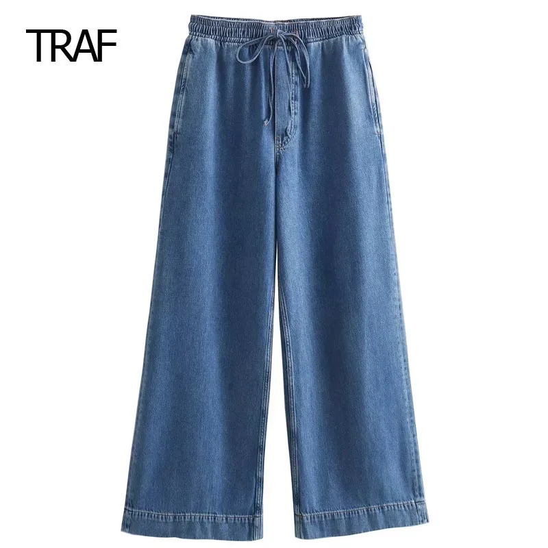 

TRAF Faded Blue Baggy Pant Women's Pant Spring Summer Mid Waist Tied Belt Pants New In Pant Office Wear For Female Professional