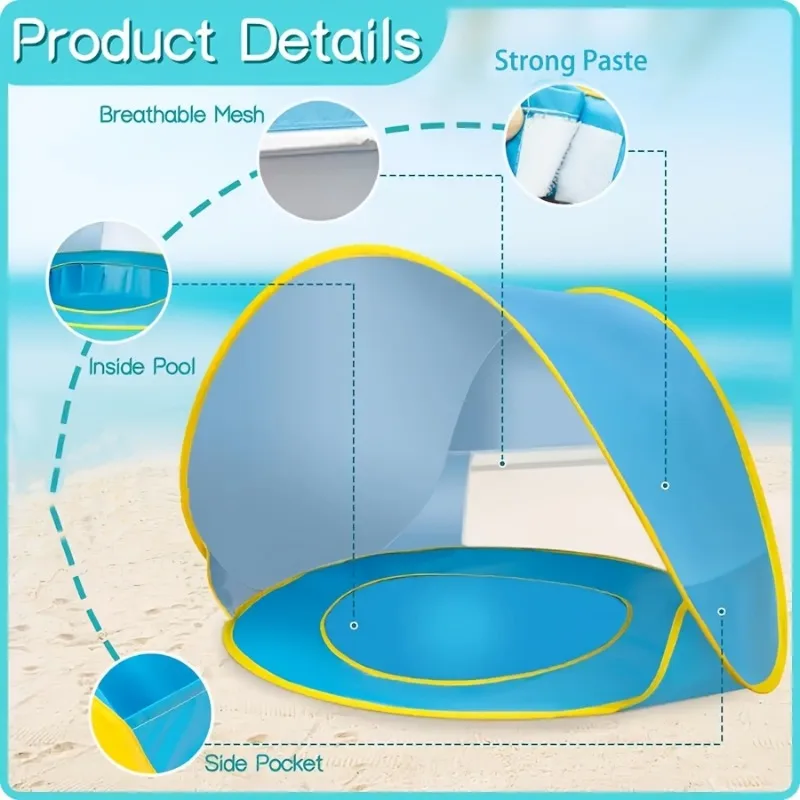 Large Foldable Kids Beach Play Tent with Water Pool Easy Setup Durable Polyester Portable for Outdoor Camping Blue Yellow Trim