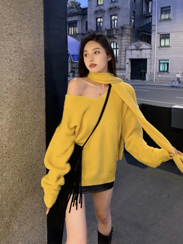 Off Shoulder Sexy Sweater Office Lady Spring Autumn New Knitted Top Yellow Women Sweaters Pullover