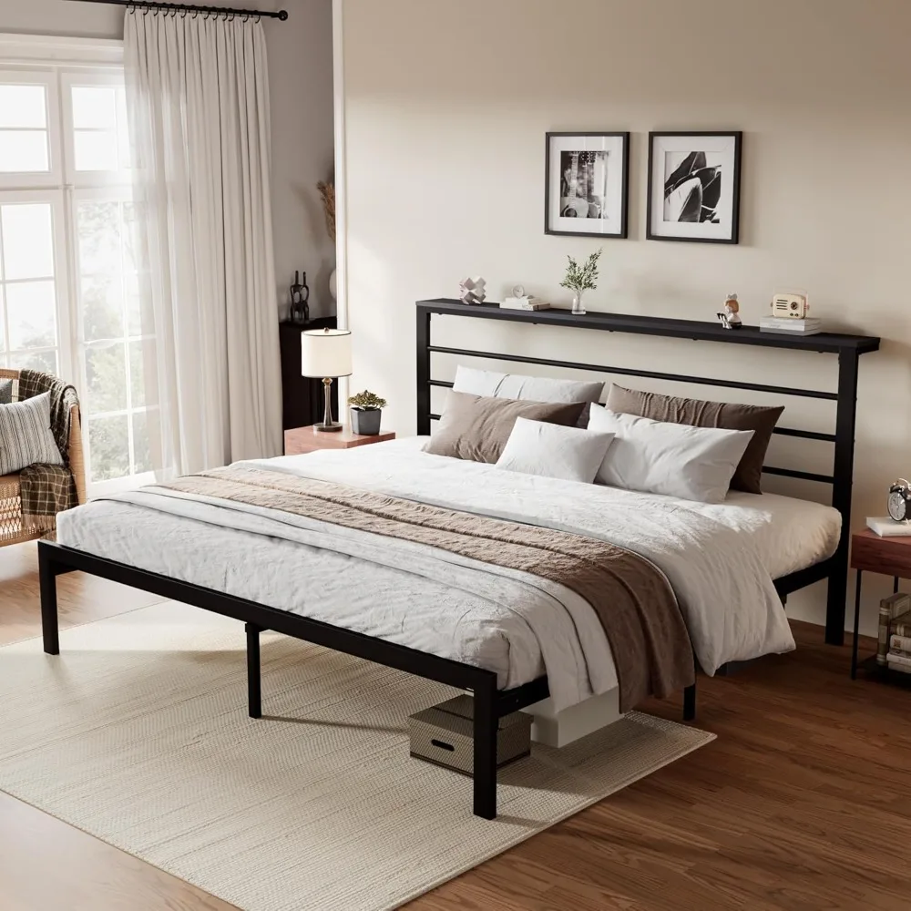 King Size Bed Frame with Headboard Shelf, Heavy Duty Platform Bed Frame with Strong Metal Foundation,No Box Spring Needed, Black