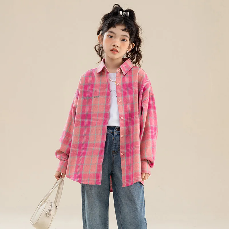 

Fashion Casual Children's Long Sleeve Pink Plaid Shirt for Girls Stylish Street Clothing Kids Spring Autumn Blouses Age 5-14Y
