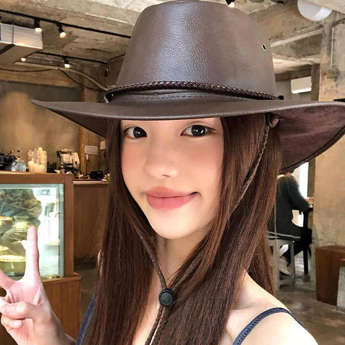 

Women's Retro Faux Leather Cowboy Hat - Outdoor Sun Protection Polyester Western Cap with Wind Rope (58-60cm)