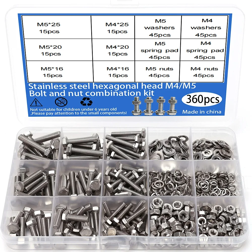 360-Piece Stainless Steel Hex Bolt, Nut, and Washer Set, M4/M5, Lengths 16mm, 20mm, 25mm.