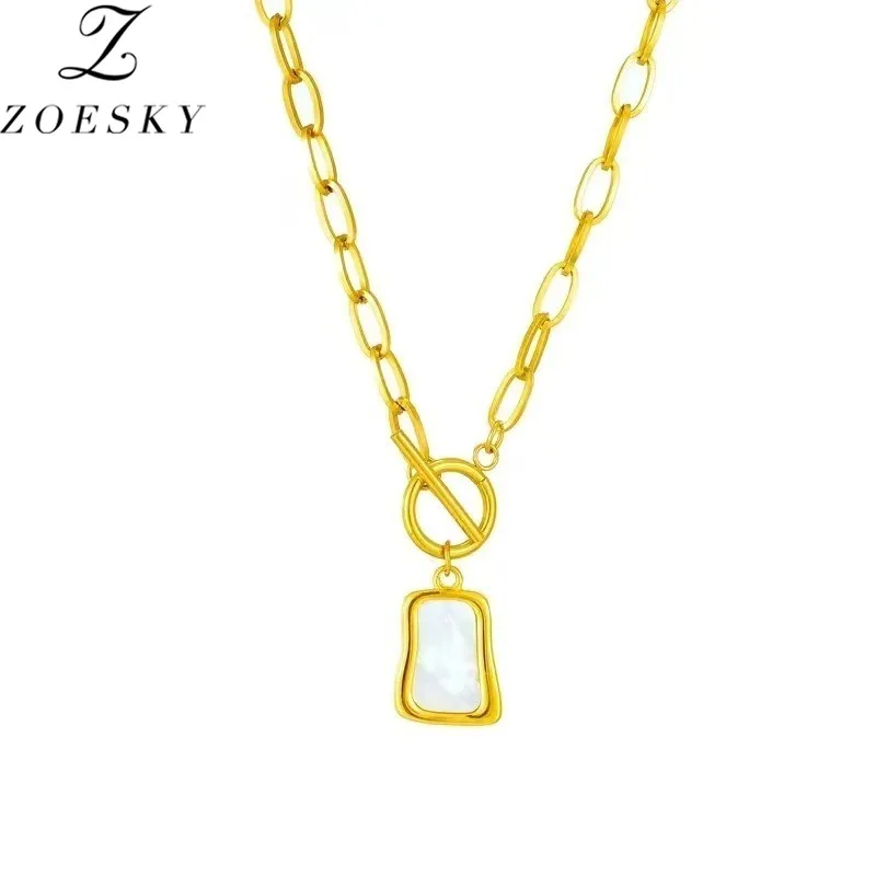 

Zoesky Luxury White Shell OT Buckle Square Pendant Necklace For Women Gold Color Collarbone Chain Necklaces Choker Jewelry Gift