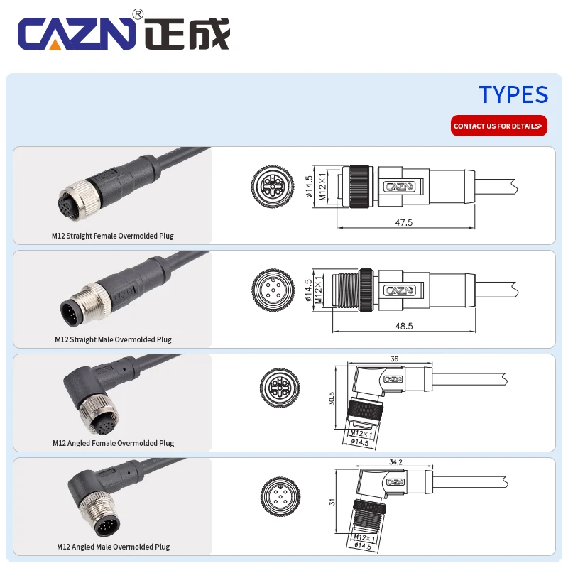 M12 Unshielded Overmolded Plug Straight Male Female 2-17 Pin A/B/C/D Code 1/2/5m PVC PUR IP67 for Sensors & Fieldbus Systems