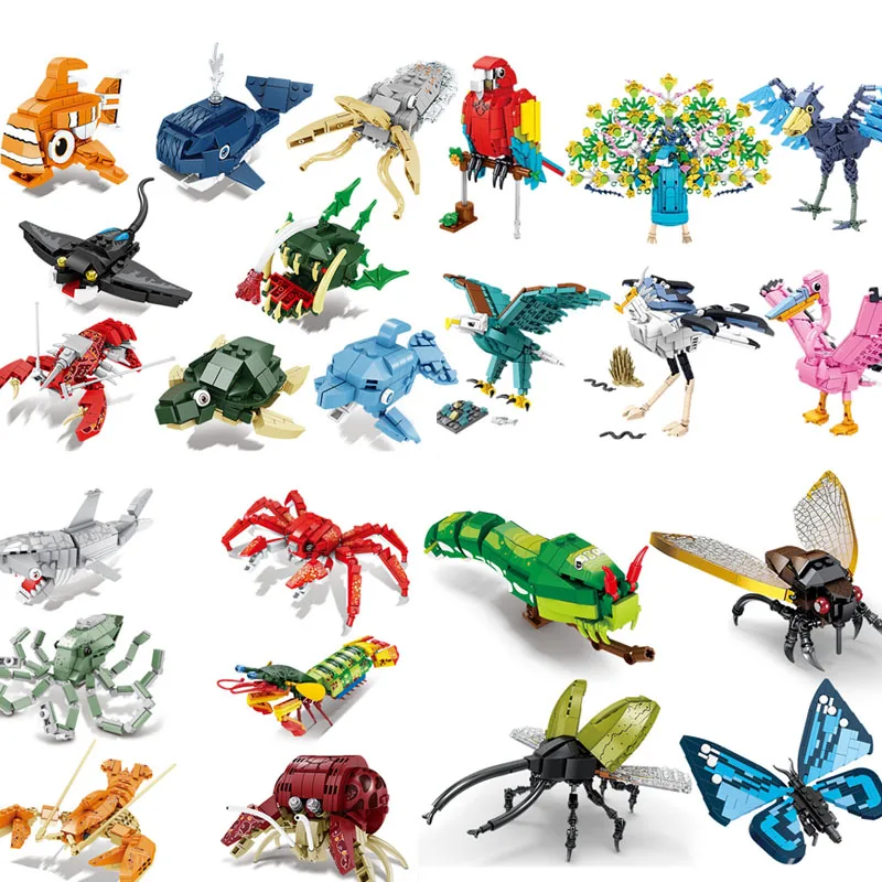 Moc criativo animal blocos de construção insetos pardal formiga zoológico lobo ostros oceanos baleia tubarão montado modelo tijolos brinquedos s04