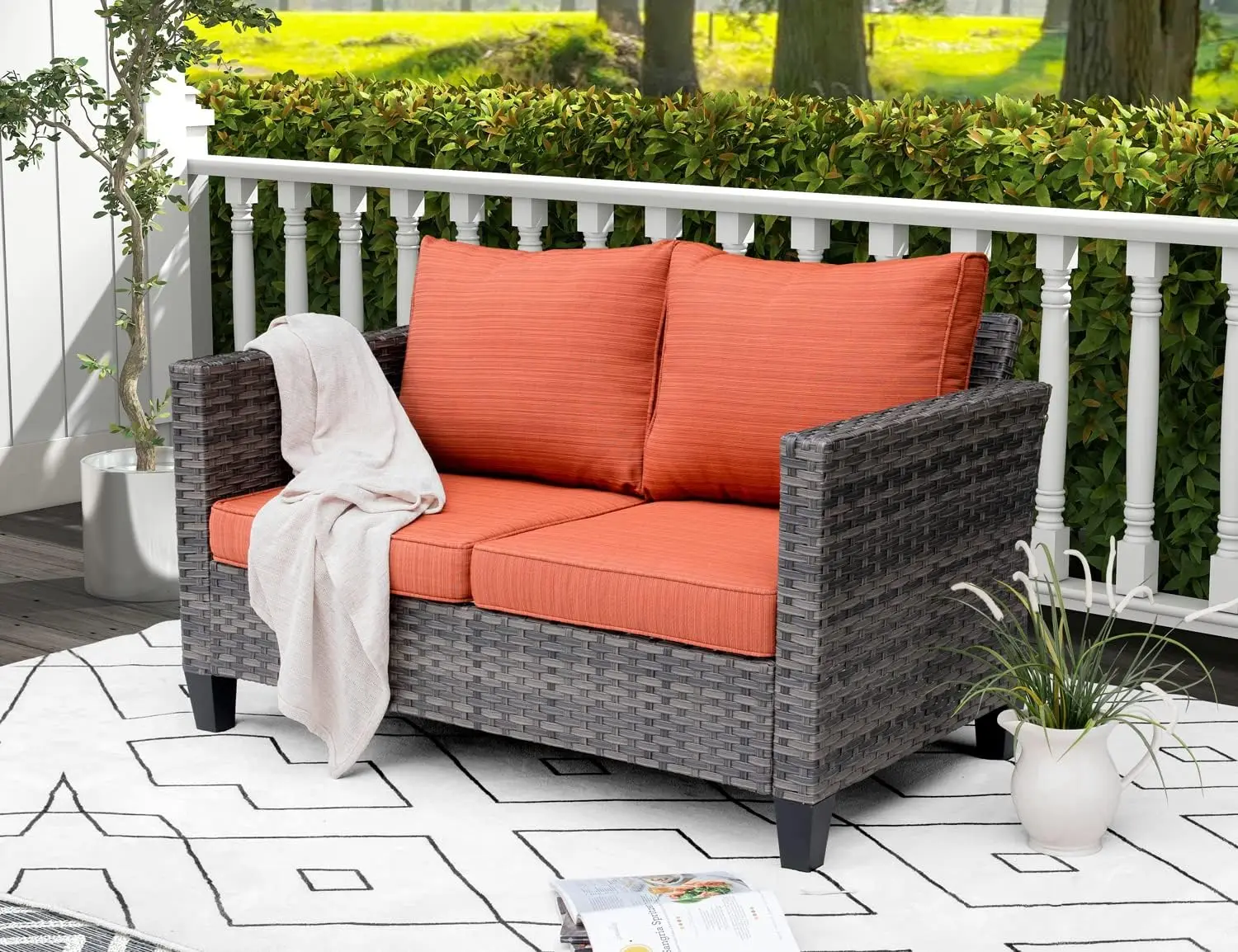 

Patio Loveseat Sofa Couch, 2-Seats Outdoor Wicker Rattan Sofa, All Weather High Back Deep Seat Patio Seating with Comfy Cushions