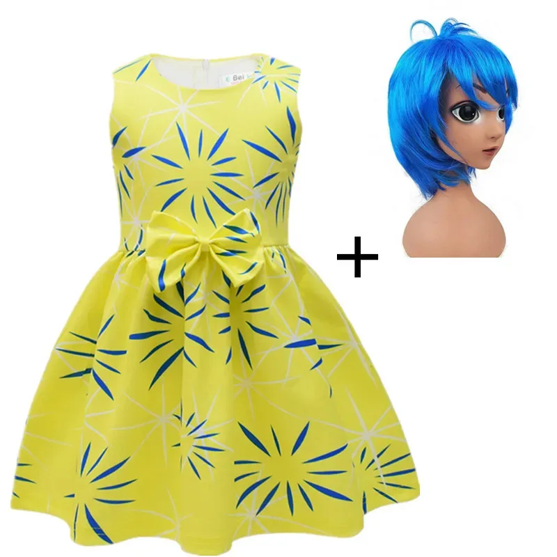 High Quality I-Inside O-Out 2 Joy Cosplay Costume Princess Bow Dress + Wigs Girls Halloween Carnival Birthday Movie Joy Dress Up
