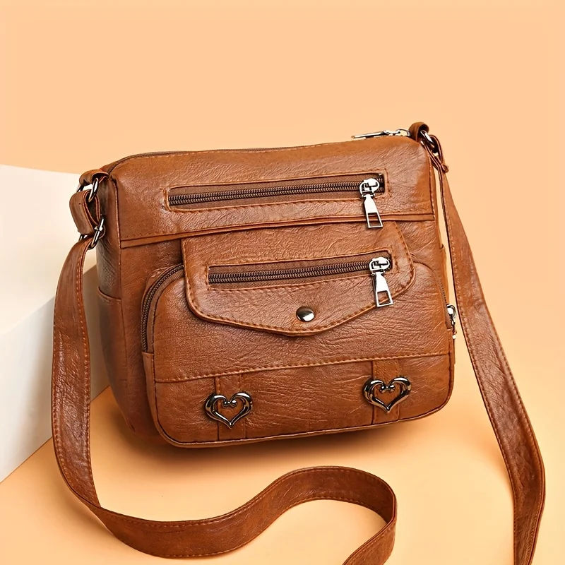 Heart Decorated Multi-layer Large Capacity Shoulder Bag, Fashionable Women's Leather Crossbody Bags, Suitable for Commuting