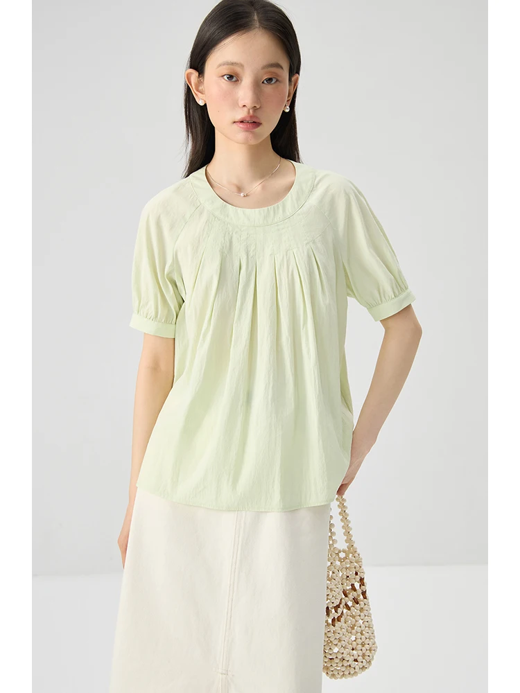 ZIQIAO Light Green Round Neck French Style Shirt For Women 2024 Summer New Versatile Casual Female Top 24ZQ92417