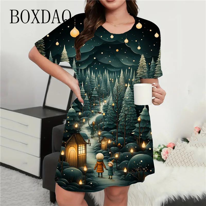 2024 Summer Vintage Clock Print Mini Dress For Women Christmas Party Short Sleeve Loose Dress Casual O-Neck Ladies Dress Clothes