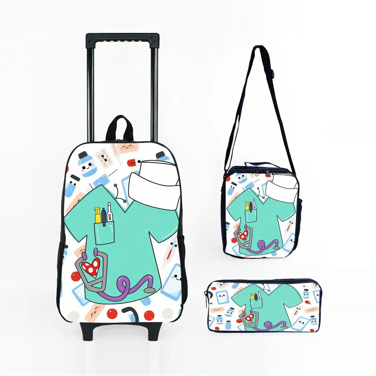 

Medical Graffiti Print Wheeled Rolling Bag Set with Lunch Box Pen Bag with Wheels School Trolley Backpack Bag for Girl/Boys