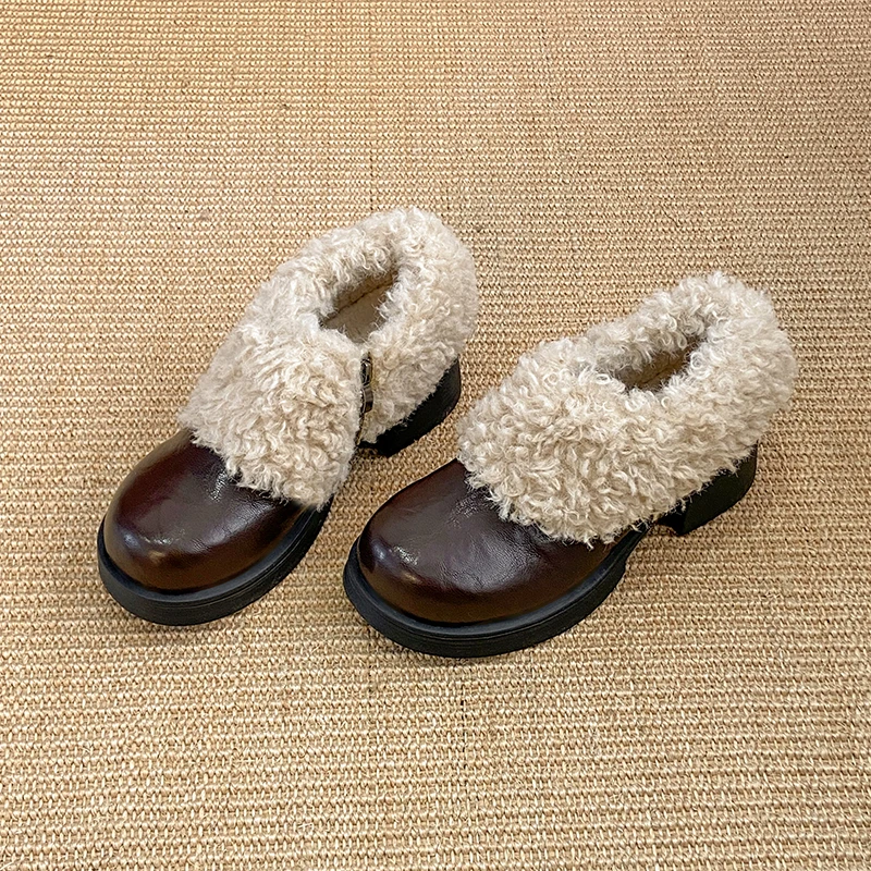 Vintage Women Faux Fur Mary Jane Shoes Chunky Block Heel Platform Shoes Winter Warm Side Zipper Thick Heel Leather Shoes