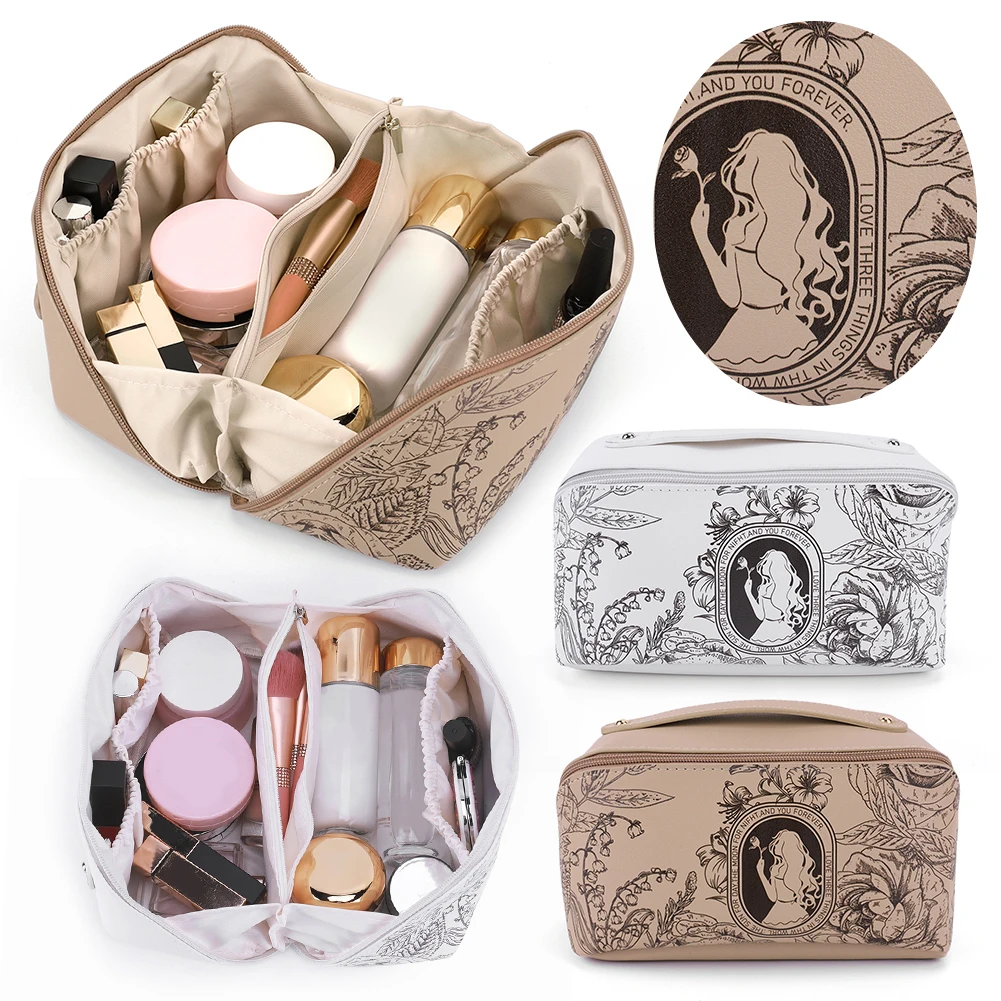 

PU Makeup Bag Makeup Storage Bag Large Capacity Portable Cosmetic Pouch Waterproof Double Layer for Travel Vacation