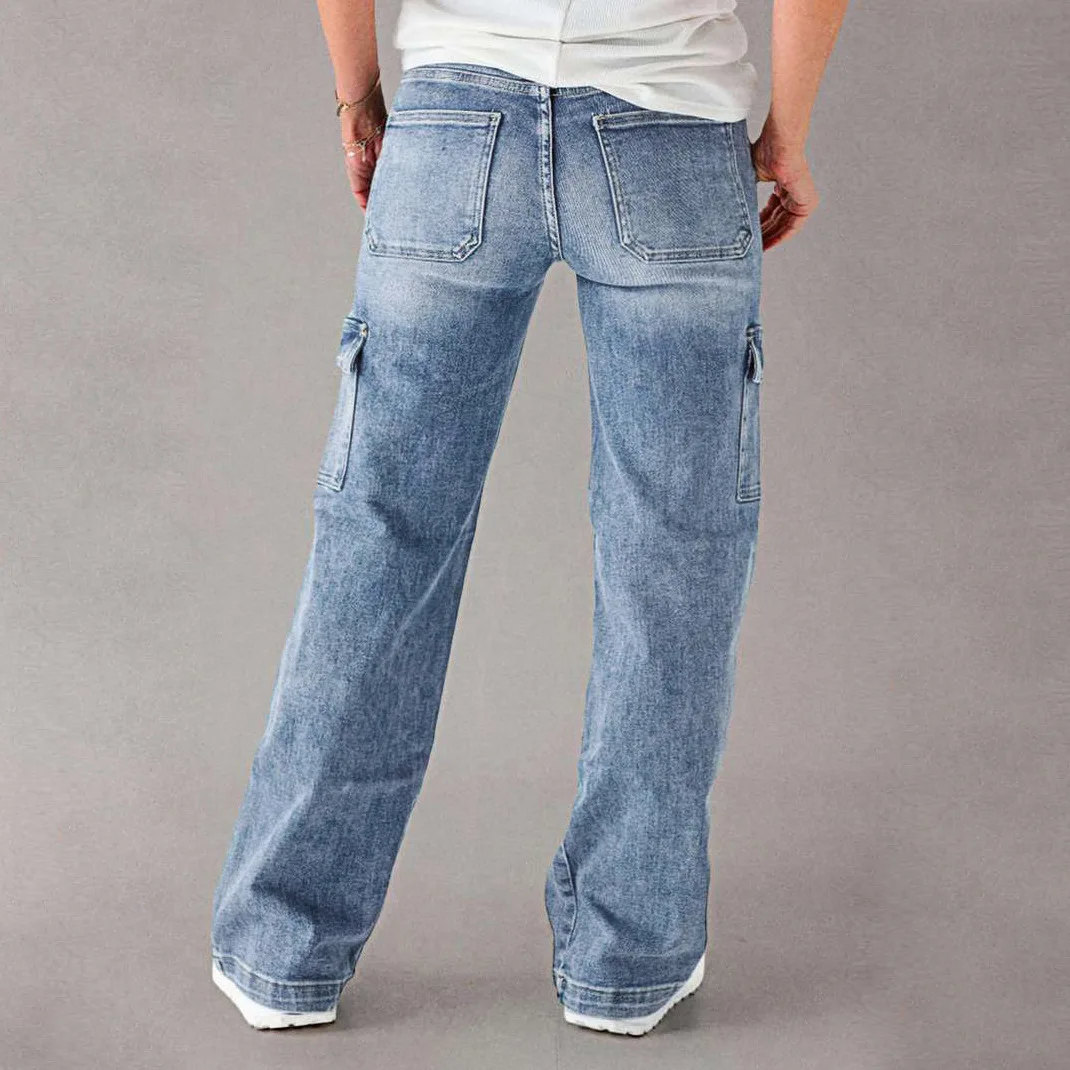 Calças de brim calças de carga feminina streetwear denims lavado angustiado cordão rendas até vários bolsos 2024 outono calças retas