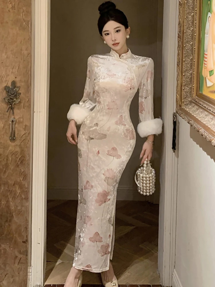 

2025 White Velvet Floral Stand Collar Maxi Dress Women Elegant Luxury Slit Dress Autumn Winter Korean Fashion Bodycon Prom Dress