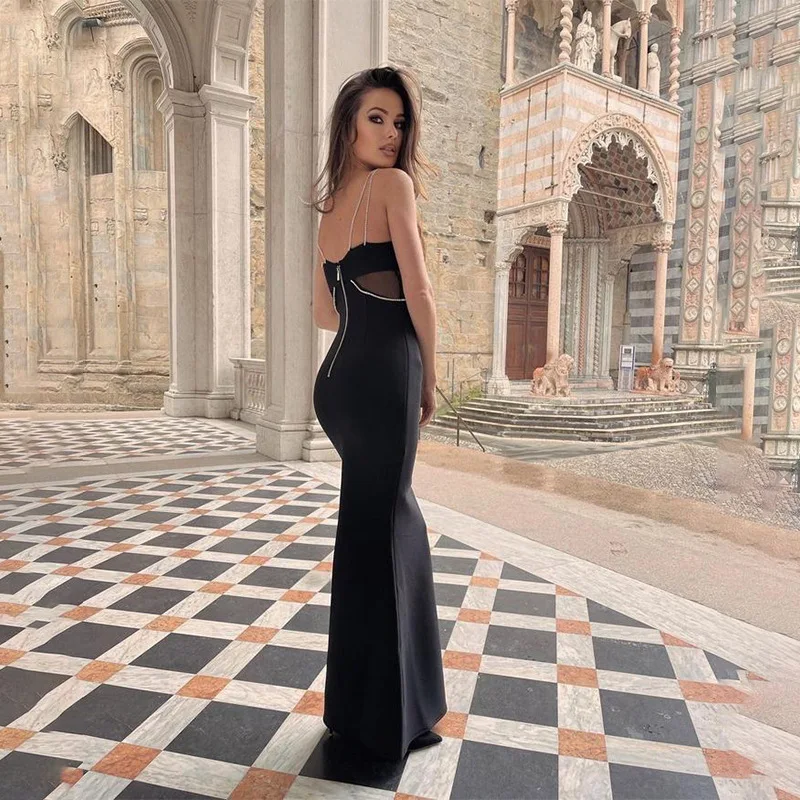 Fashion V Neck Rhinestone Chain High Waist Bandage Long Dresses Sexy Backless Sleeveless Sheer Mesh Elegant Dinner Club Gowns