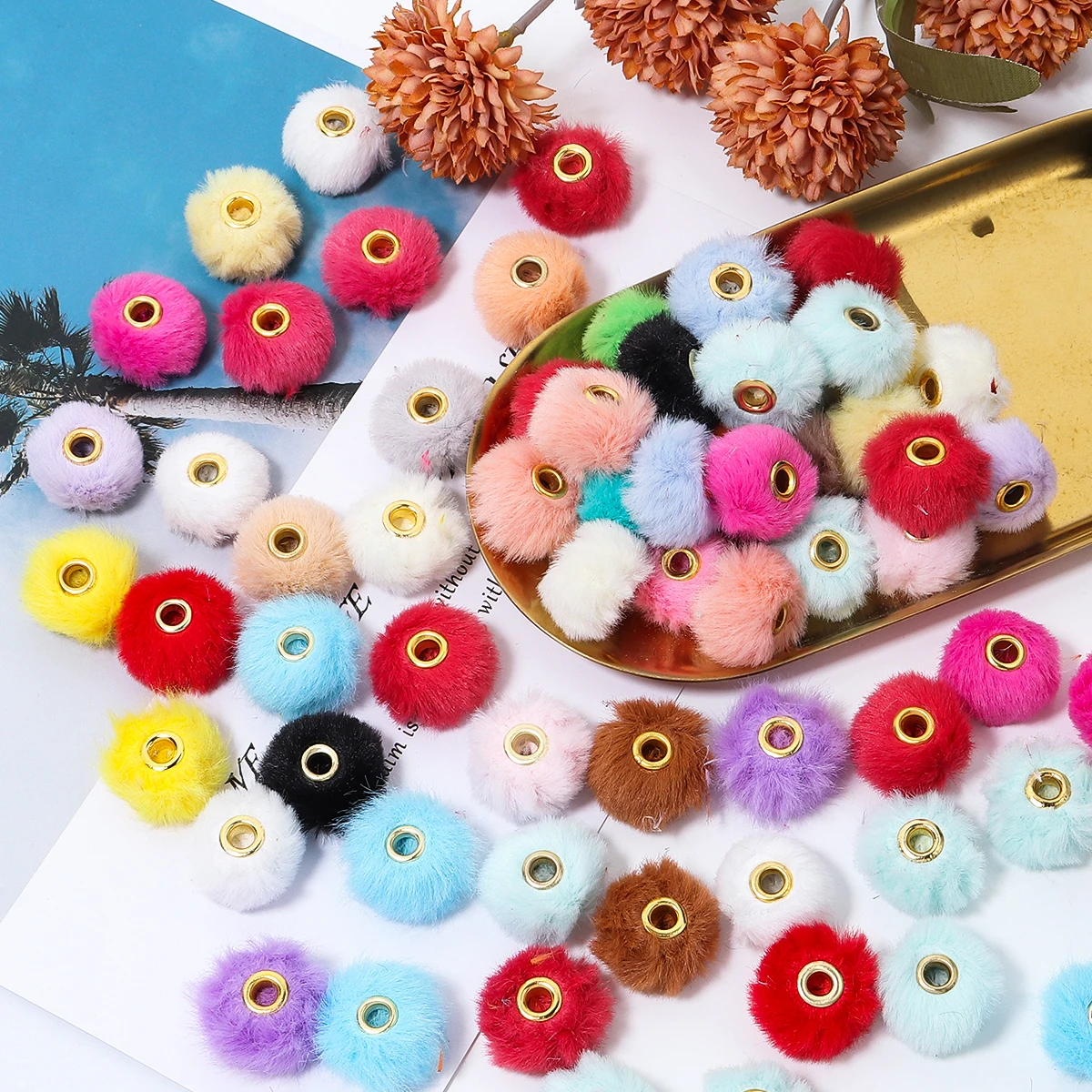 10pcs/lot 20mm Plush Fur Covered Ball Beads Pendants Big Hole Pompom Spacer Beads For Jewelry Making DIY Necklace Earrings Gifts