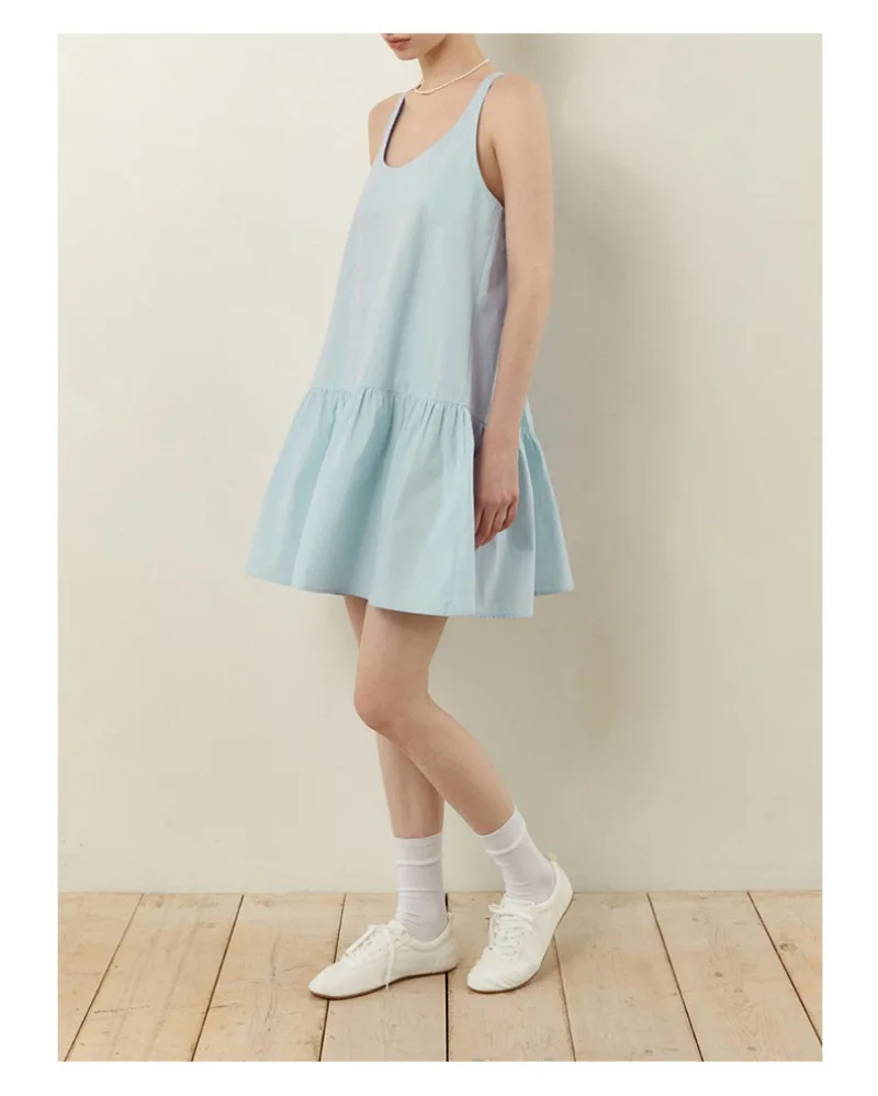 แฟชั่นชุดผ้าลินินผู้หญิงสบายๆหลวมฤดูร้อนแขนกุด U-คอ Blue High Street Holiday Beach Party Mini สั้น Vestido Feminino