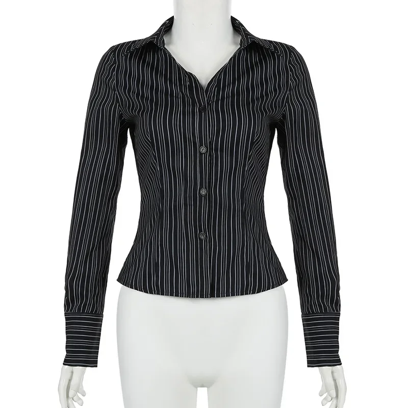 Chic Elegant Striped Button-up Shirt Black Casual Basic Slim-fitting Blouse Vintage Turn-down Collar Long Sleeve Tops