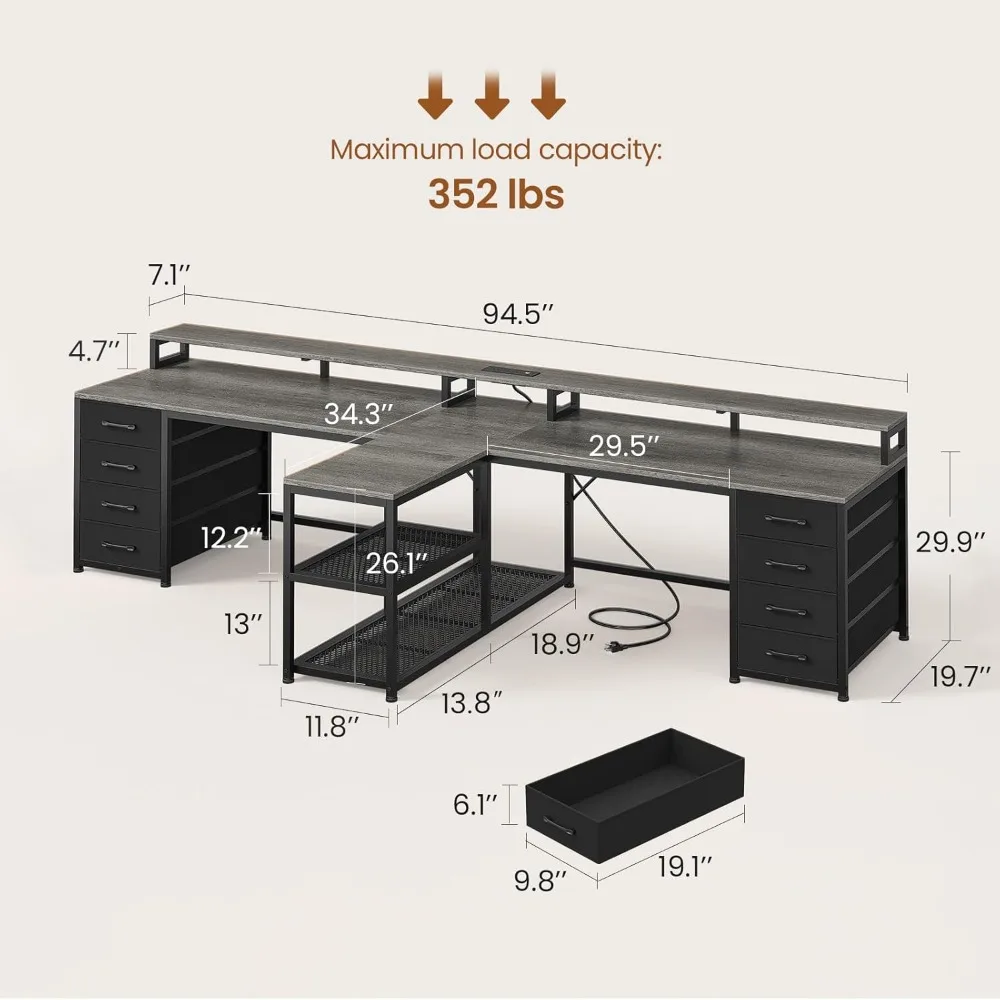 Dual-Person Gaming Desk with 8 Drawers, LED Lights, Storage, and Power Strip for Long Office Computer Desks
