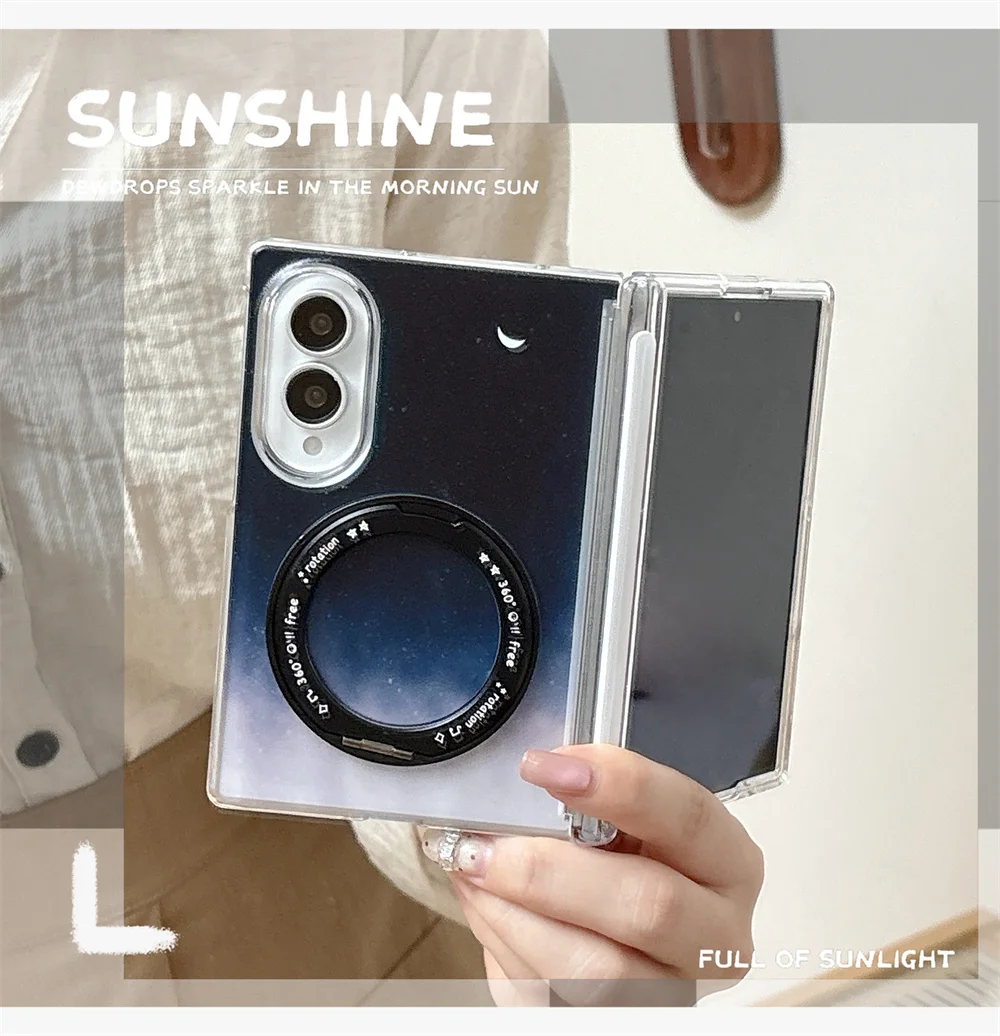 Gradient Starry Sky Phone Case For Samsung Galaxy Z Fold 8 360°Rotating Ring Holder Hard Cover With Crystal Star Hand Chain