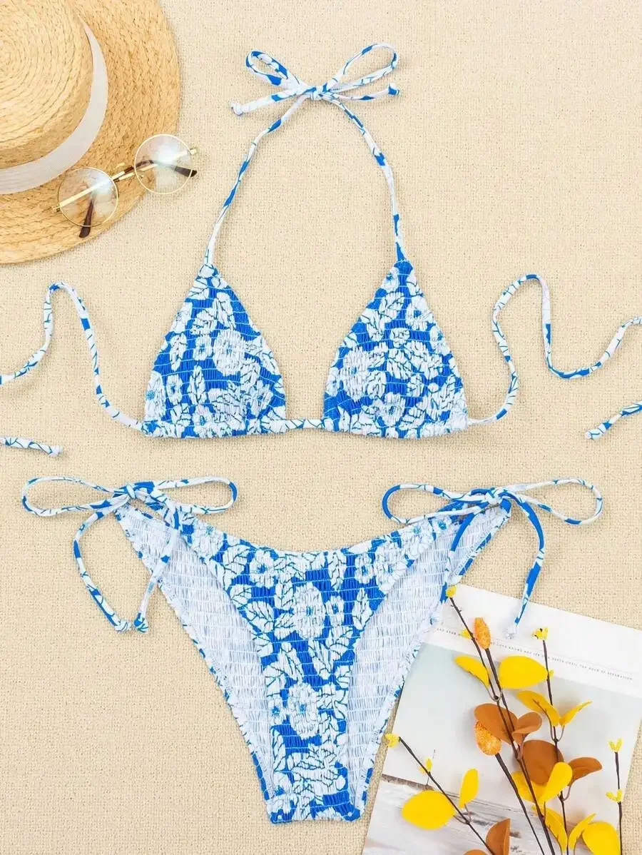 Swim Mod Summer Beach Floral Smocked Triângulo Tie Side Bikini Set