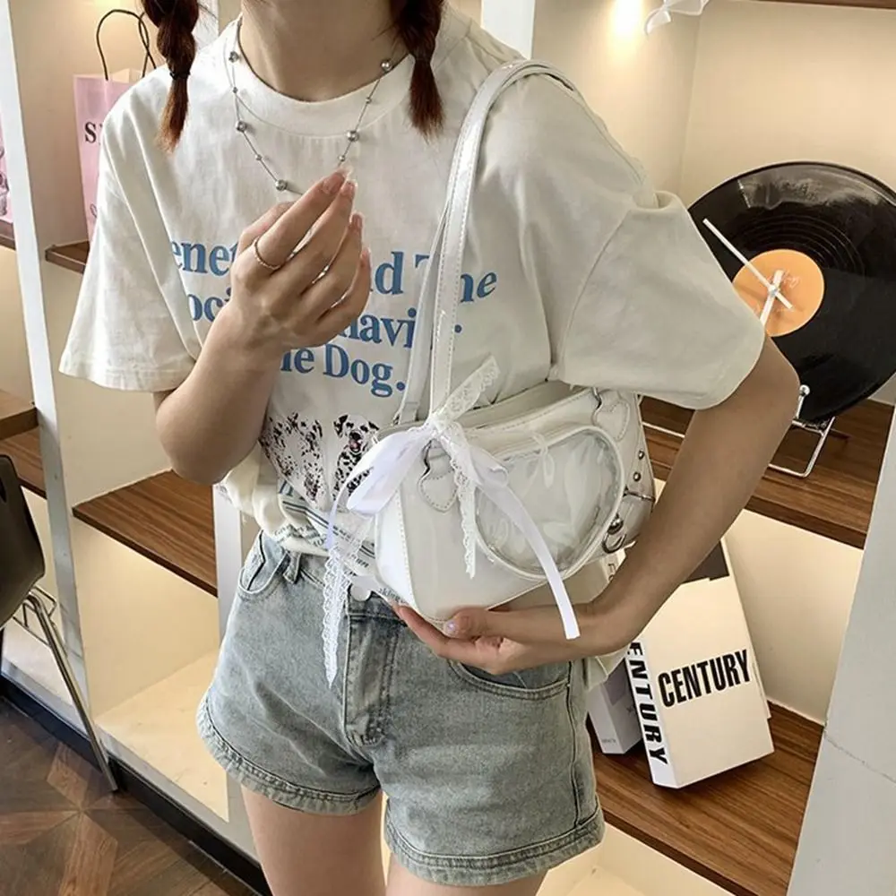 

Y2K Transparent Love Itabag Zipper Bag JK Kawaii Shoulder Bag Small Item Bag Idol Merchandise Storage Lace Crossbody Bag Outdoor