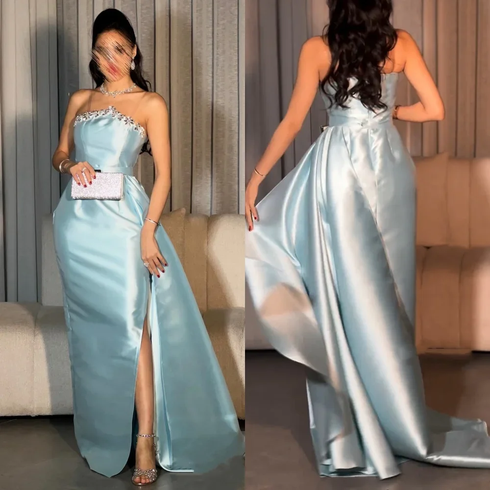 Customized Satin Rhinestone Christmas A-line Strapless Bespoke Occasion Gown Long Dresses