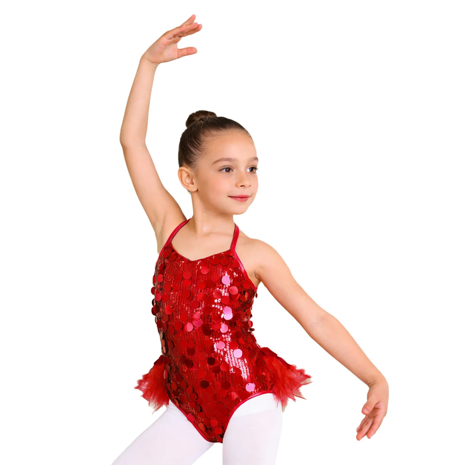 

Girls Shiny Sequin Mesh Feather Ballet Jazz Dance Leotard Tutu Gymnastics Skating Acrobatics Bodysuit Stage Performance Costume