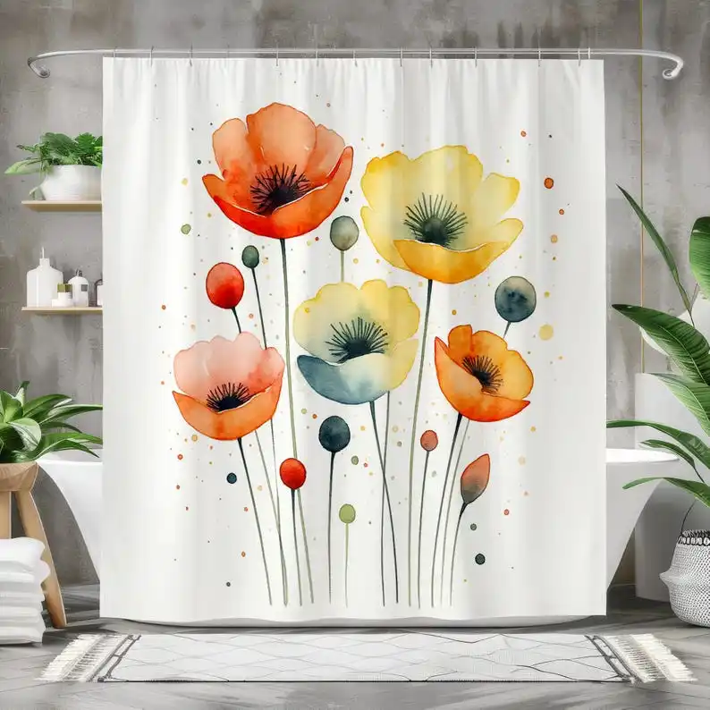 Watercolor Poppy Shower Curtain with Yellow Orange and Blue Flowers, Whimsical Botanical Bathroom Decor, Polyester Curtain